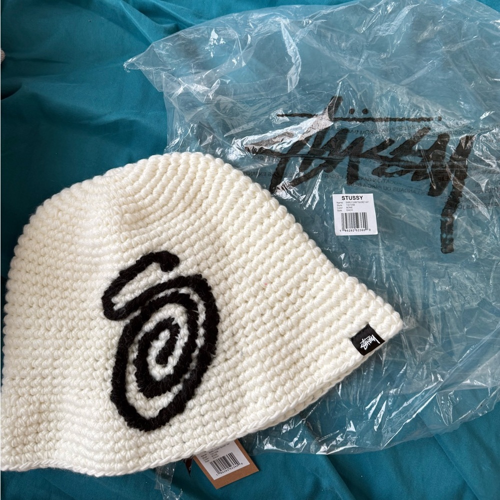 Stussy Cream and Black Spiral Pattern Beanie Hat